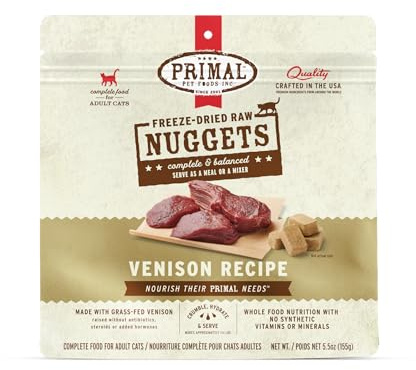 Primal Freeze Dried Raw Cat Food Nuggets Venison, Complete & Balanced Meal or Topper, Premium, Healthy, Grain Free, High Protein Raw Cat Food with Probiotics (5.5 oz)
