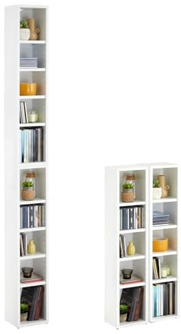 IDIMEX Etagères modulables Musique pour CD, DVD et Livres, Lot de 2 Meubles de Rangement en Colonne, 10 Compartiments, Design Moderne, Pratique, mélaminé Blanc Mat.