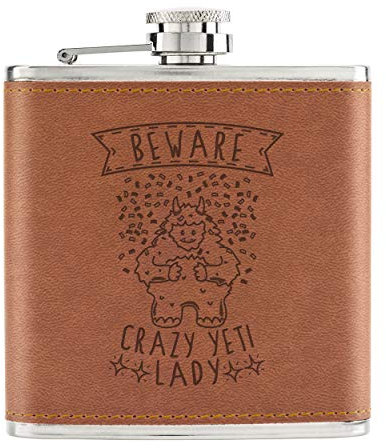 Beware Crazy Yeti Lady 6oz PU Leather Hip Flask Tan