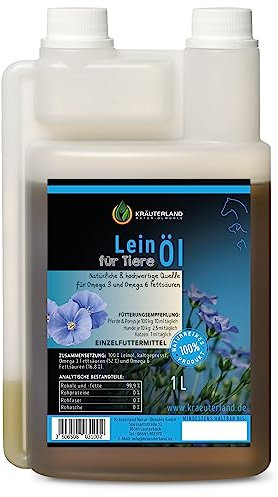 Kräuterland Leinöl für Pferde, Hunde & Katzen 1Liter - Leinsamenöl 100% rein, kaltgepresst, in 1l Dosierflasche - Natives Barf Öl in Premium Qualität