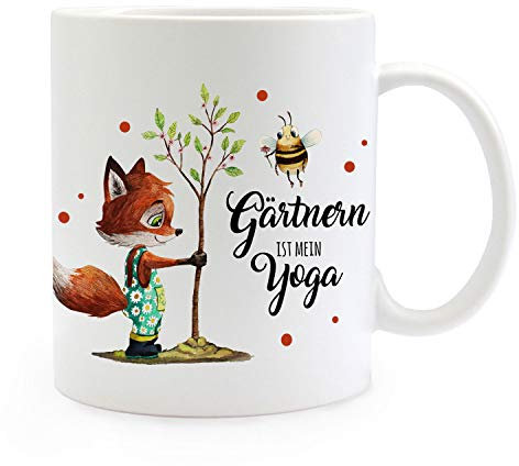 ilka parey wandtattoo-welt Tasse Becher Fuchs mit Hummel & Spruch Gärtnern ist mein Yoga Kaffeebecher Geschenk Spruchbecher ts1025