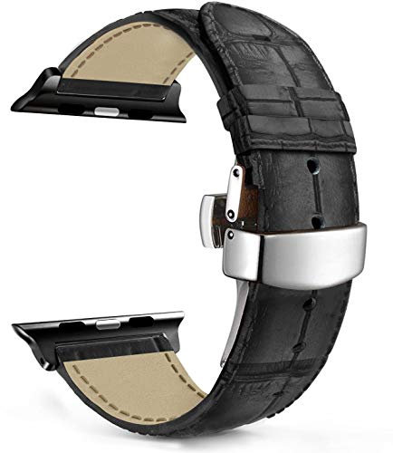 MaKTech Cinturino in Pelle con Motivo di Coccodrillo con Chiusura a Farfalla per Apple Watch Serie 11/10/9/8/7,Ultra 3/2/1,SE 3/2/1 [2025] (46mm/45mm/44/49mm,Nero)