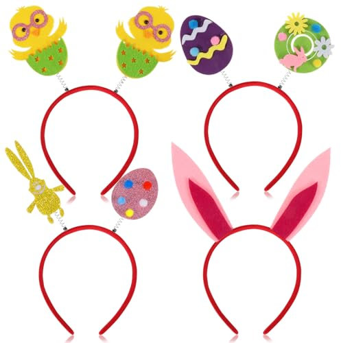 HOWAF 4 Haarreif Ostern Hasenohren Haarreif Kinder Erwachsene, Hasen Ohren Haarbänder Osterhasen Ohren Stirnband Ostereier Osterküken Bunny Ears für Hasen Kostüm Halloween Karneval Kostüm Ostern Deko