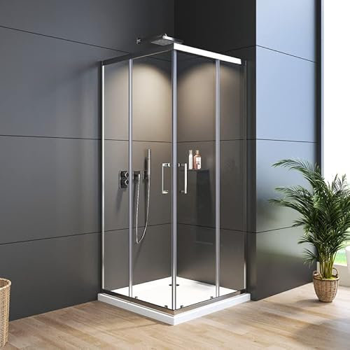 WDWRITTI Duschkabine Eckeinstieg 90x90x185cm Duschabtrennung mit Doppel Schiebetür, Echtglas Duschtür aus 6mm ESG Sicherheitsglas, Duschschiebetür Höhe 185cm