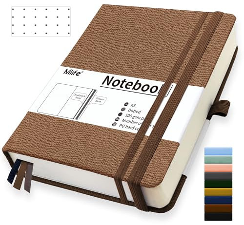 Mlife A5 Dotted Journal Notizbuch,360 Seiten Und 100g/M² Tintenfestes Papier,Hardcover Collegeblock Notizblock,Notizbücher Mit Falttasche Für Büro Schule Zuhause Schreiben&Notizen(Braun)
