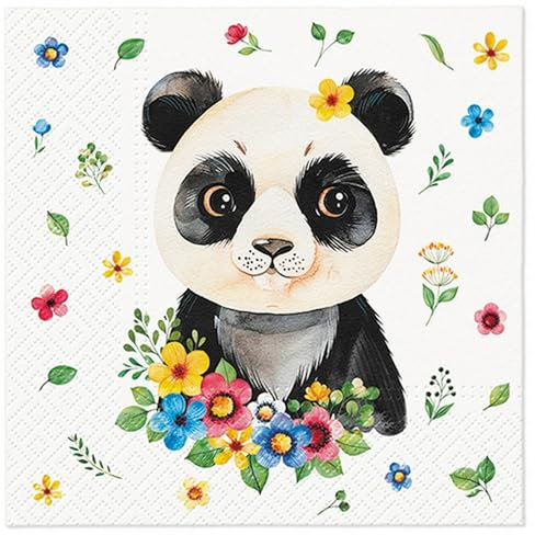 20 Servietten Kindermotive Panda mit Blümchen als Tischdeko. Papierservietten mit Motiv. Auch für Decoupage und Serviettentechnik 33x33cm