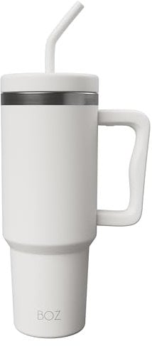 BOZ Mug Isotherme avec Paille et Poigné - Gobelet Paille de Bureau et Voiture en Acier inoxydable, Élégant et Durable - Gobelet Isotherme pour les boissons chaudes et froides (1200mL, Blanc)