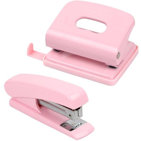 Cozlly Set Agrafeuse et Perforatrice, Petite Agrafeuse Bureau, Perforatrice 2 Trous, Agrafeuse Bureau Rose, Rond Perforatrice Papier, Mini Agrafeuse Perforateur, Ergonomique (Rose)