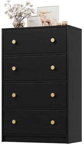 Nicehill Chest of Drawers with 4 Drawers, Wooden Frame & Gold Handles, Fabric Chest of Drawers for Bedroom, Living Room, Hallway, Entryway, Black
