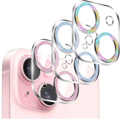 Kucheed 3 Pièces Protecteur D'objectif D'appareil Photo Brillant pour iPhone 12/iPhone 12 Mini, Coque en Acrylique Transparent Monobloc Colorée Paillettes Décoration pour Appareil Photo Arrière