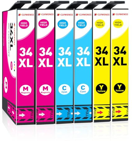 Clywenss 34XL Farbe Druckerpatronen Kompatibel für Epson 34 XL Multipack Patronen für Workforce Pro WF-3720 WF-3725 WF-3720DWF WF-3725DWF WF3720 WF3725 Tintenpatronen, 6er-Pack (Cyan Magenta Gelb)