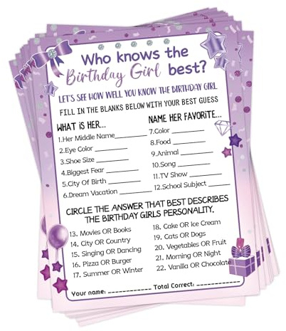 Who Knows The Birthday Girl Best, 30 Pcs Birthday Games for Girls, Purple