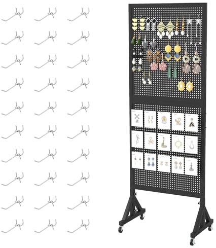 tonchean Floor Standing Pegboard Panels Display Stand with Wheels | Heavy Duty Peg Board Display Stand with 30 Hooks, Metal Tool Pegboard Black for Garage, Retail Shops, Workshops, Craft Shows