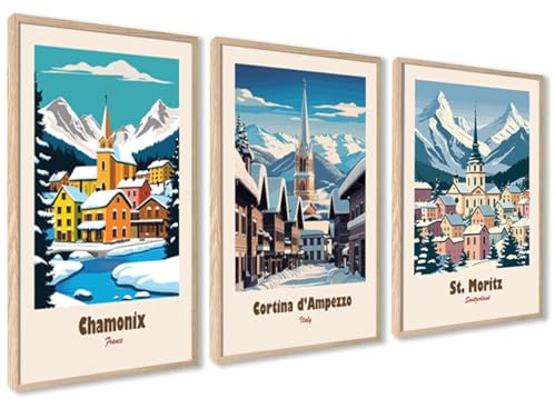 ag.art deco® Travel Poster Set | Winterresorts Chamonix St Moritz Cortina d'Ampezzo | Vintage Retro Wanddeko Wohnzimmer & Schlafzimmer | ohne Rahmen