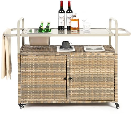 Villeston Grilltisch Outdoor aus Rattan, Servierkonsole & Grillwagen, wasserdicht mit Rädern und Eisbehälter, für Garten, Terrasse und BBQ-Vorbereitung，braun