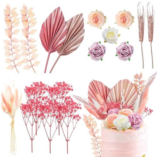 DAVBNM 16pcs Rose Artificial Flower Leaves Cake Decorations, Paper Palm Fan Cake Toppers, for DIY Wedding Bithday Valentine's Day Party Cake Decorations Supplie