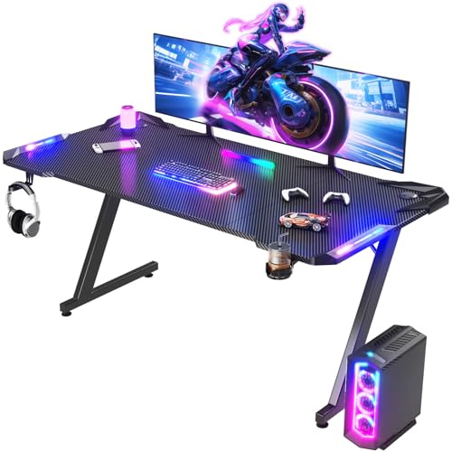 JUMMICO Bureau Gaming Professionnel RGB 160x60cm - Plateau Carbone Anti-Rayures, Imperméable - Pieds en Z, Rétroéclairage LED, Porte-Casque & Porte-Gobelet