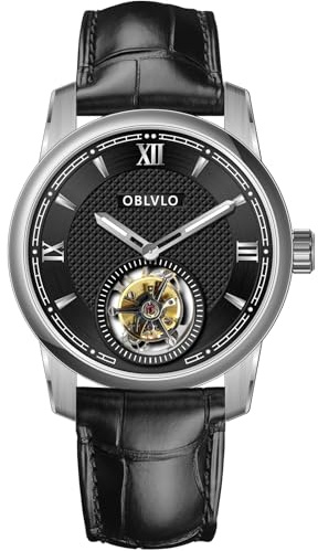 OBLVLO Creative Tourbillon Mens Watch Elegant Automatic Watches Geniune Leather Strap Business Watch for Gentlemen JM-TB (JM-TB-YBBL)