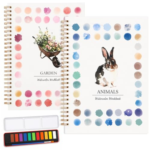 SPOKKI Lot de 2 livres de coloriage à l'aquarelle avec motifs animaux et nouveau jardin, 12 couleurs, livre de coloriage pour adultes pour se détendre et être créatifs, pour débutants, artistes et