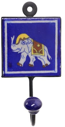 Wandhaken, Garderobenhaken mit handgefertigter Fliese, 8x8 cm, Modell 13 | Keramik & Metall, handbemalt, indischer Charme, ideal für Flur und Wohnzimmer