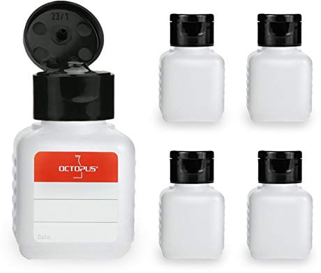 Octopus 5 Dosierflaschen à 50 ml aus HDPE mit Klappverschluss schwarz | Für Liquids, Öle, Farben und Kosmetik, kompakte Form für Proben, Mischungen und unterwegs