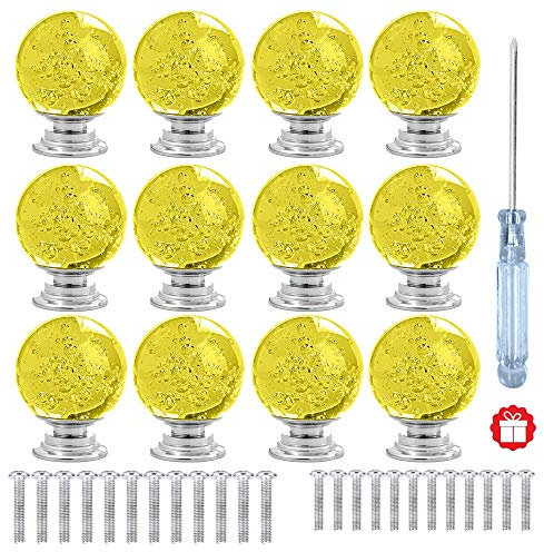anjuu 12 PCS 30 mm Runde Form Blase Kristall Glas Möbelknopf mit Schrauben Schublade Knopf Pull Griff verwendet für Küche, Kommode, Tür, Schrank gelb