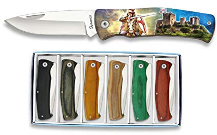 Set 6 Navajas 3D Templarios Madera 7 cm para Caza, Pesca, Camping, Outdoor, Supervivencia y Bushcraft Albainox 18156+3D010 + Portabotellas de regalo