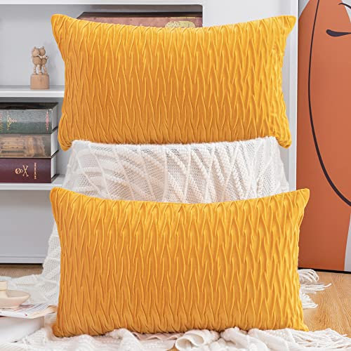 Madizz 2er Set Samt Dekorativ Zierkissenbezüge Luxus Stil Kissenbezug für Sofa für Schlafzimmer Gelb 30x50 cm Rechteckigig