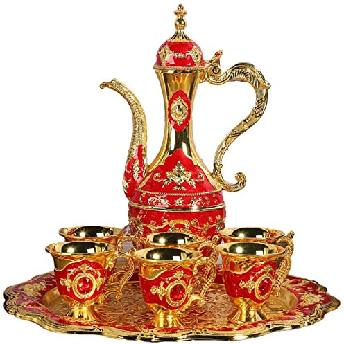Cafetière Turque Vintage avec 6 Tasses à Café, Ensemble de Théière en Métal Comprenant Une Théière Artisanale et Des Tasses à Thé pour Cadeau de Mariage D'artisanat D'art(rouge)