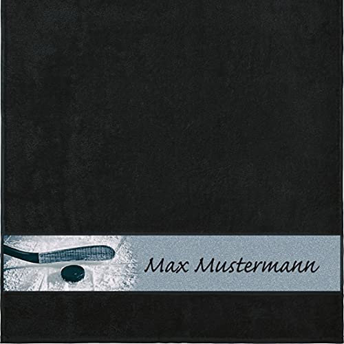 Manutextur Duschtuch Mit Namen - Personalisiert - Eishockey-Motiv - Viele Farben - Dusch-Handtuch - Schwarz - 70x140 cm - Persönliches Geschenk Mit Wunsch-Name