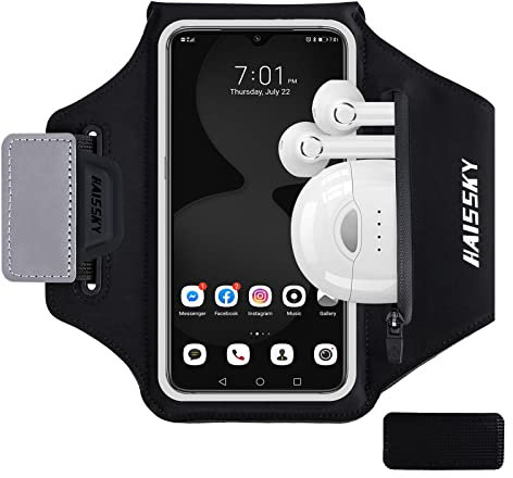 HAISSKY Running Armband with Earbuds Bag Sports Phone Armband for iPhone 14 Pro/13 Pro/12/12 Pro/11/11 Pro/XS/XR/X/8 Plus Sports Phone Holder Case with Anti-Fall Buckle for Phones Up to 6.4