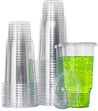 32 oz Plastic Cups with Lids,50 sets Oversized Disposable Clear Cups for Smoothie, Iced Coffee,Milkshake& Any Cold Drinks