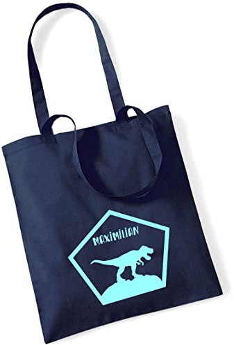 Stofftasche Dinosaurier T-Rex personalisiert | mit Namen bedruckter Jutebeutel Stoffbeutel für Jungen | Dino-Design Kinder-Tasche Schule, KiTa (dunkelblau)