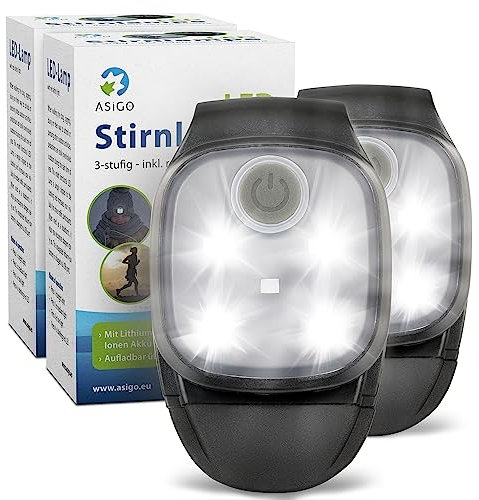 Asigo® LED Clip Lampe - 2er Set I Stirnlampe LED Wiederaufladbar durch USB I Kopflampe für Kinder I Freihändig verwendbar I Zubehör beim Angeln Laufen Wandern Arbeiten I Wasserdicht, 4 Modi