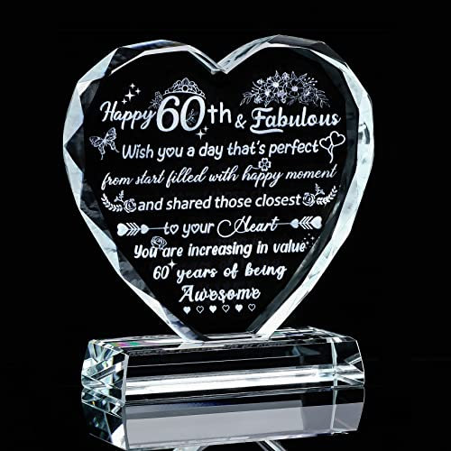 Movdyka Glass 60th Birthday Gifts for Women, 60 Year Old Birthday Gifts Ideas for Mum, Happy 60th and Fabulous Love Heart Plaque Keepsake Presents for Her