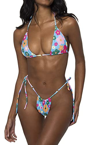 LUNNTE Damen Bikini Set Sexy Tanga String Bikini Badeanzüg Zweiteiliger Triangel mit Ring Badebekleidun Verstellbare Bademode Unterteil Seitlicher Schnürung