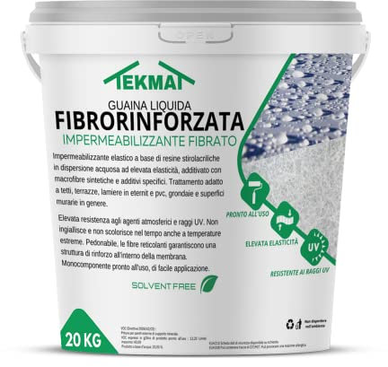 TEKMAT- GUAINA LIQUIDA FIBRORINFORZATA IMPERMEABILIZZANTE MONOCOMPONENTE VARI COLORI DA 1-6-20 KG (20 KG, BIANCO)