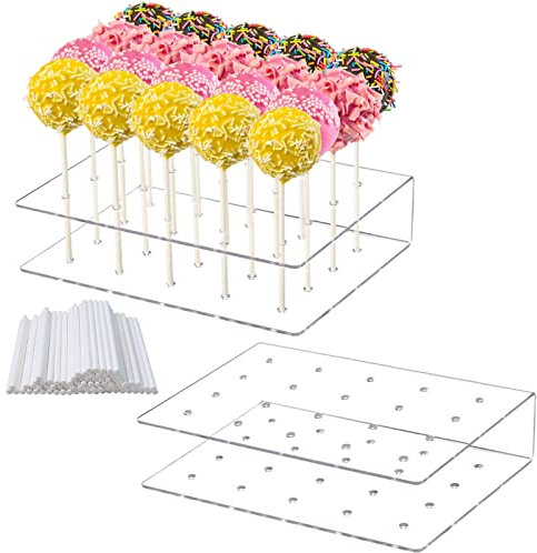 Ksvaye 2 Pièces Support Sucette Cake Pop Bar a Sucette avec 100 Pcs Cake Pop Sticks, Presentoir Pop Cake en Acrylique Transparent à 20 Trous, pour Mariage, Anniversaire, Bal de Fin d'année
