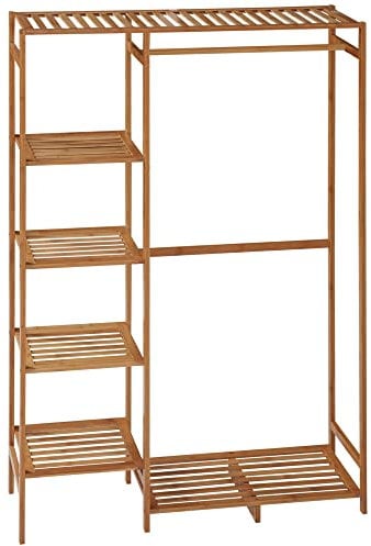 HOMCOM Bamboo Clothes Rail for Bedroom, Garment Rack with 6-Tier Storage Shelf and Hanging Rod, Clothes Rack for Living Room, Entryway, Natural Wood Effect