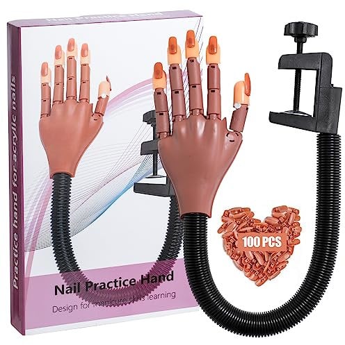 Yiesoum Practice Hand for Acrylic Nails, Flexible Never Fall Off Nail Trainning Adjustable Hands Kits, Fake Hands for Nail Practice, Nail Display Manicure, Movable Nail Maniquin Hand(100PCS Nail Tips)