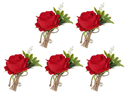 Sempoda Anstecknadel für Herrenanzüge, 5 Stück, Blumen-Anstecknadeln für Herren, Hochzeits-Boutonniere-Anstecknadel Zur Dekoration, Künstliche Blumen-Anstecknadel für Braut und Bräutigam(Rot)