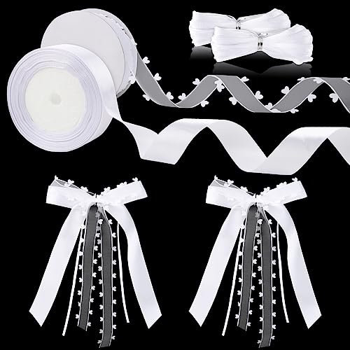 BOFUNX 18M Weiß Schleifenband mit Herzen + 22M 25mm Geschenkband Satinband + 20M 3mm Seidenband Stoffband für DIY Handwerk Schleifen Hochzeitsdeko Hochzeitsauto Deko Partydeko