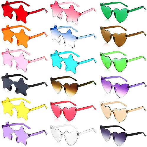 MOYKSRR 18 Paires de Lunettes en Forme de Cœur/Étoile Hippie Rétro, Lunettes de Soleil Transparentes Couleur Bonbon, Drôle de Lunettes de Soleil de Fête pour Fête d'anniversaire, Accessoires Photo