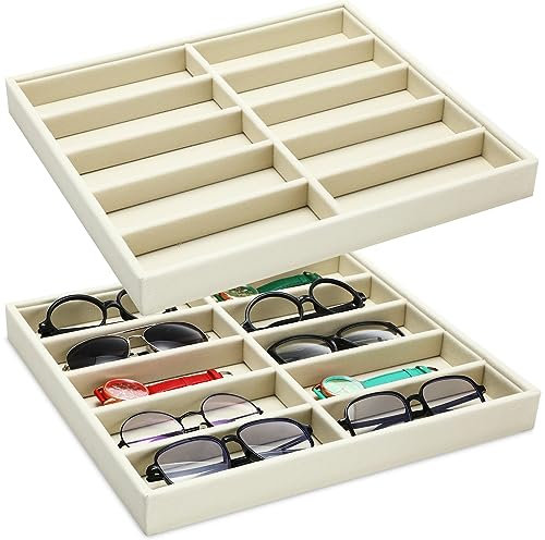Batiyeer 2 Pcs Sunglasses Organizer Storage Tray 10 Grids Eyewear Watch Holder Display Stackable Ice Velvet Jewelry Tray for Eyeglasses Glasses Storage Women Men (White)