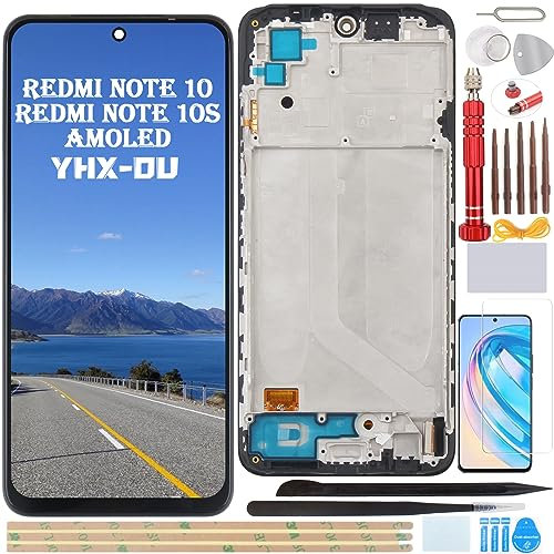 YHX-OU 6.43''AMOLED Pantalla LCD para Xiaomi Redmi Note 10 Redmi Note 10s M2101K7A M2101K7B M2101K7BNY Kit de Reparación de Pantalla Táctil Digitalizador con Herramientas+Vidrio Templado(Negro+Marco)