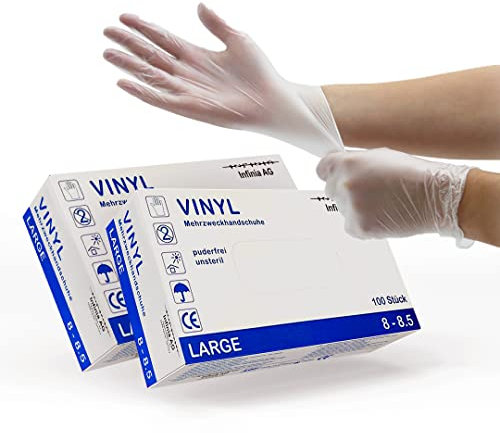 Generisch Vinyl Handschuhe Infinia AG 1000 Stück 10 Box á 100 Stk., Einmalhandschuhe, Transparent, Puderfrei, Vinyl, Einweg, Vinylhandschuhe, Einweghandschuhe in S, M, L, XL (L)