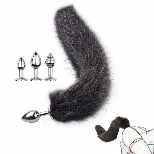 Axcroo 3 Stück Edelstahl Analplug mit Lang Fuchsschwanz Set Analkugeln Anal Perlen Klein Butt Plug Dilatator Analdildo Cat Fox Tail Sexy Cosplay SM Erotik Sexspielzeug Für Frauen Paare (Schwarz)
