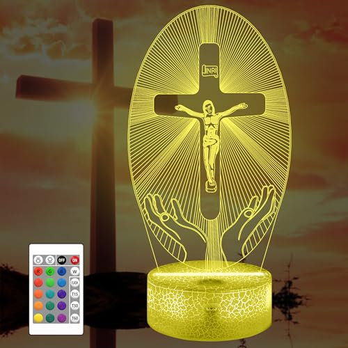 Jesus Cross 3D Night Light, Attivolife Christian Illusion Optical Hologram Lamp with 16 Color Changing + Remote Control + Timer, Home Decor Mother's Day Birthday Religious Church Gift for Women Friend