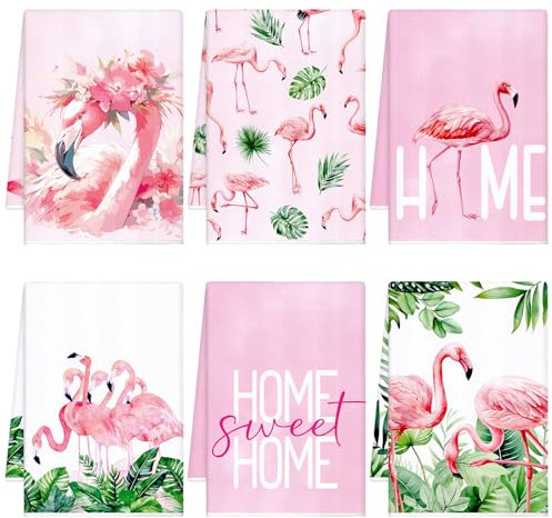 Geyoga 6 Pcs Summer Floral Kitchen Towels Flamingo Dish Hand Towels Sunflower Daisy Flower Wildflower Tea Cloths for Kitchen Bathroom Decor,16 x 24 Inch(Pink, White,Flamingo)