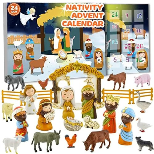 OnIUeZky Weihnachtskrippe Sets Krippe Adventskalender 24 Tage Weihnachten Countdown Cartoon Harz Nativität Set für Kinder Adventskalender 2023